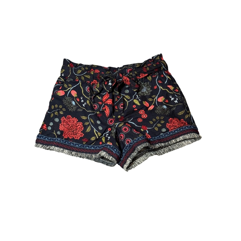 LOFT Petites Floral Strawberry‎ Linen Blend Paperbag Waist Fringe Shorts XSP